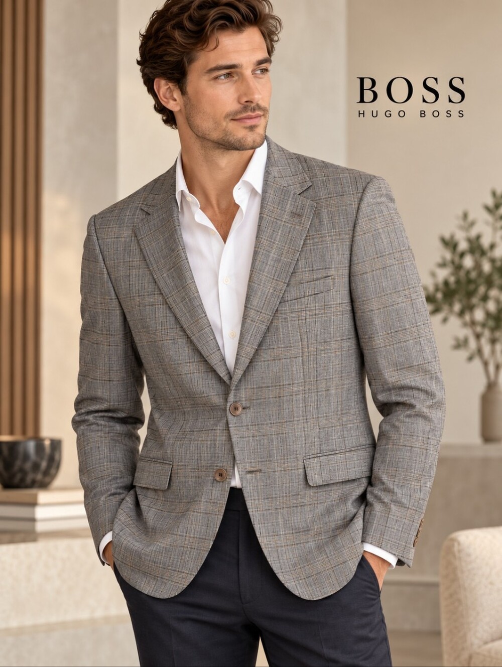 EUC Hugo Boss 100% Virgin Wool Plaid Sport Coat Blazer Gray Men's 38R